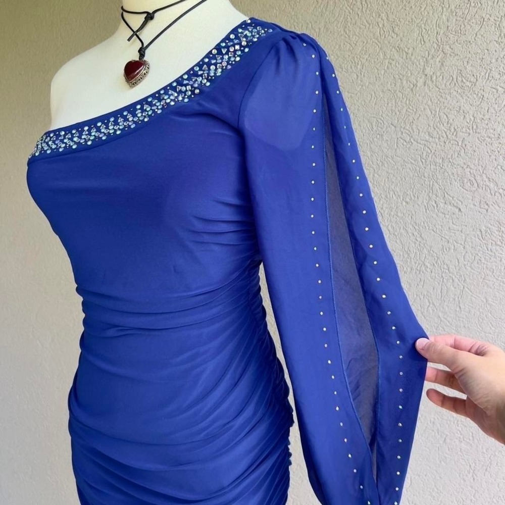 Y2K Deb Blue Rhinestone Mini Dress Medium Party Club One Shoulder Long Sleeve - Picture 4 of 7